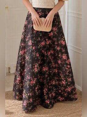 Women's Black Maxi Skirt with Pink Floral Print
